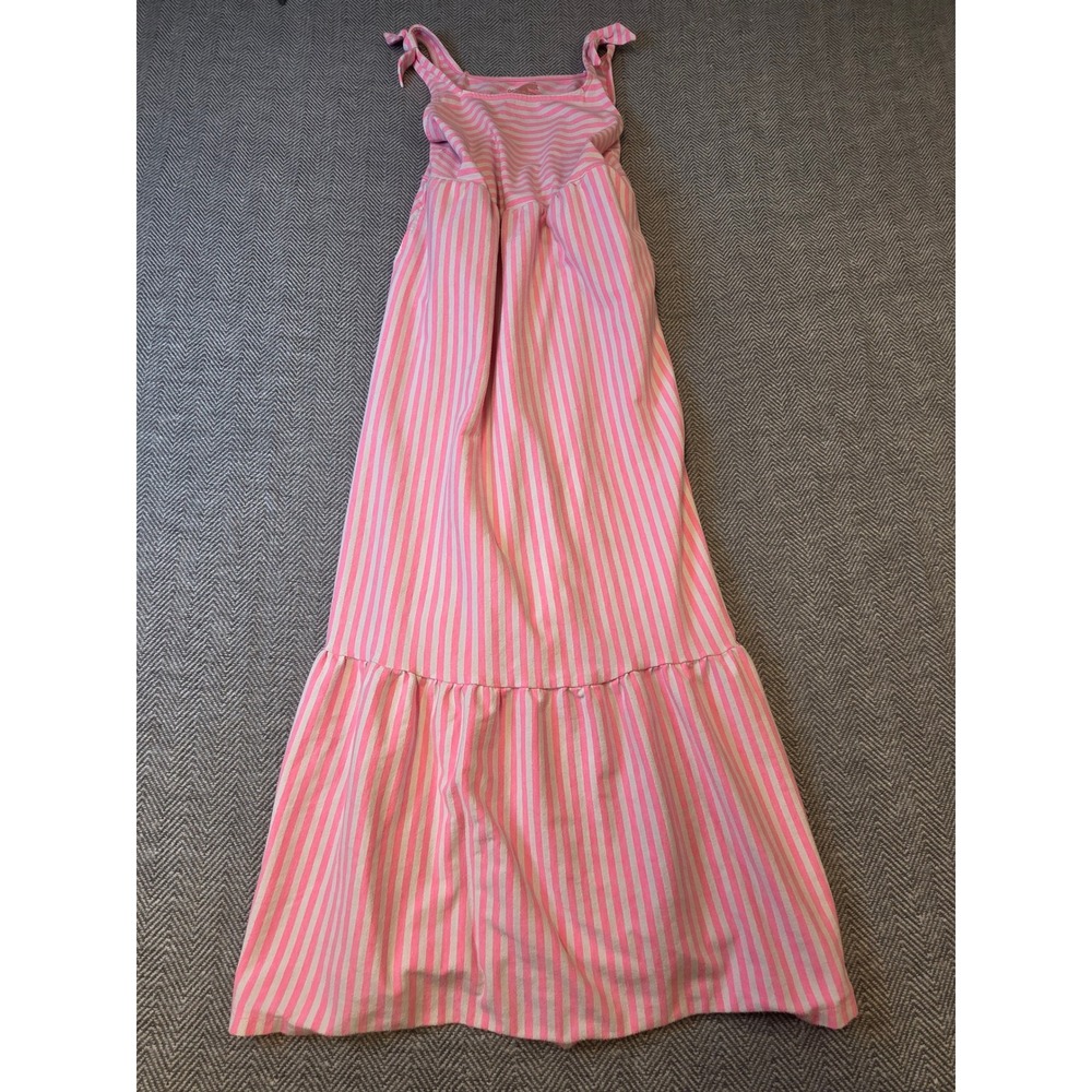 Cat & Jack Maxi Dress Girls XL 14 Pink White Striped Tiered Tie Strap Sleeveless